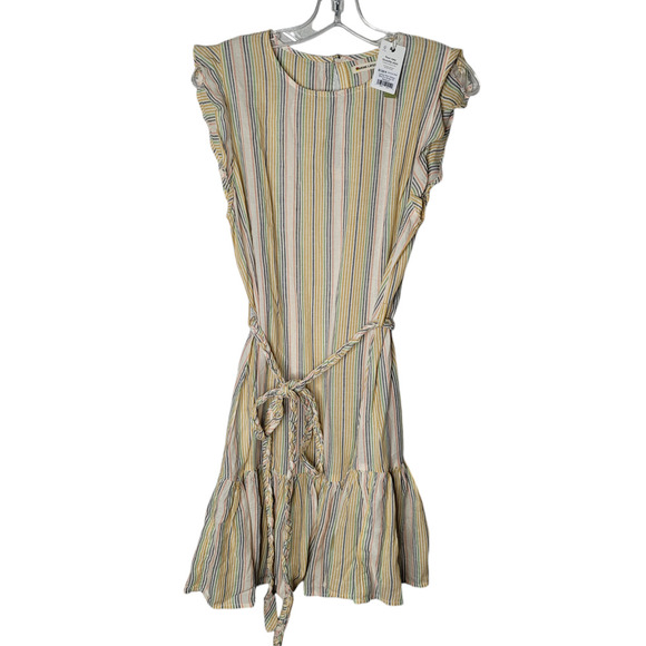 NWT Marine Layer Laney Mini Dress Sz Med Beachy Stripe Linen Blend Ruffle yellow - Picture 2 of 10
